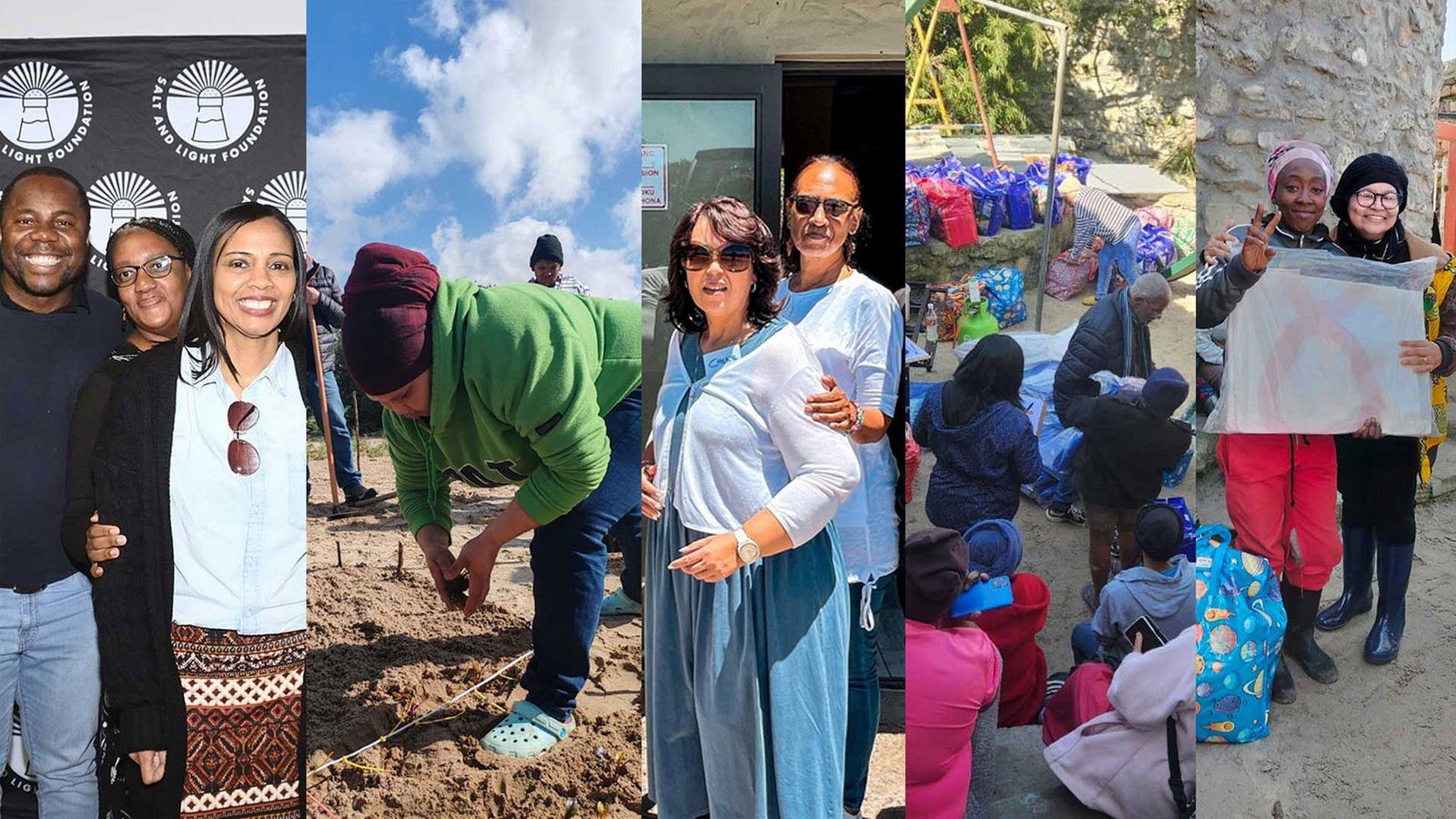 Collage of Salt and Light Foundation team members and volunteers: at an event in front of a Salt and Light banner, planting a garden, distributing supplies to children, and holding up artwork
